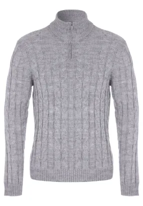 Mens Grey Quarter Zip Knit Cable Jumper