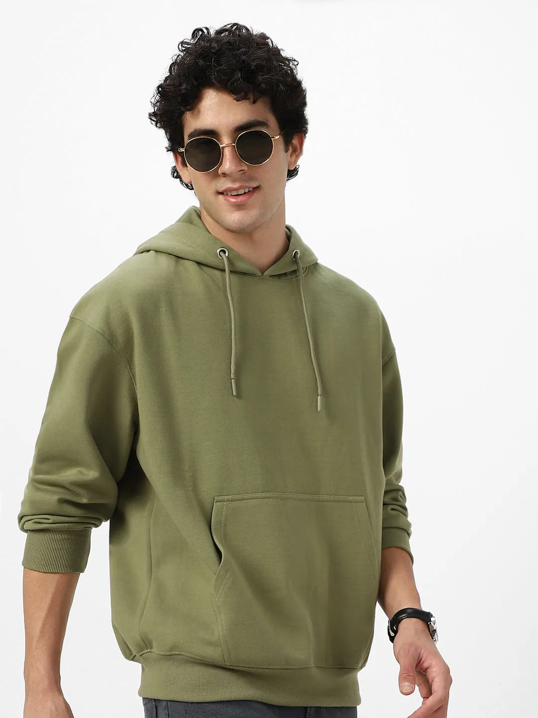 Men's Potent Olive Cotton Solid Oversized Hooded Neck Sweatshirt