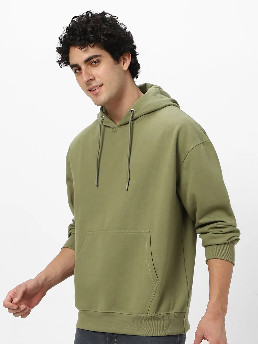 Men's Potent Olive Cotton Solid Oversized Hooded Neck Sweatshirt