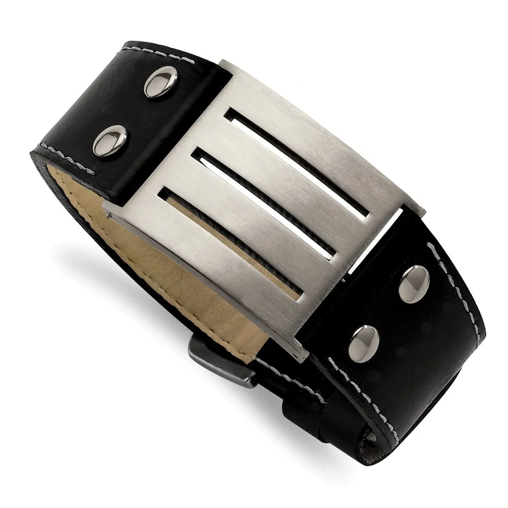 Men's Stainless Steel Black Leather Adj. Buckle Bracelet, 8.75 Inch