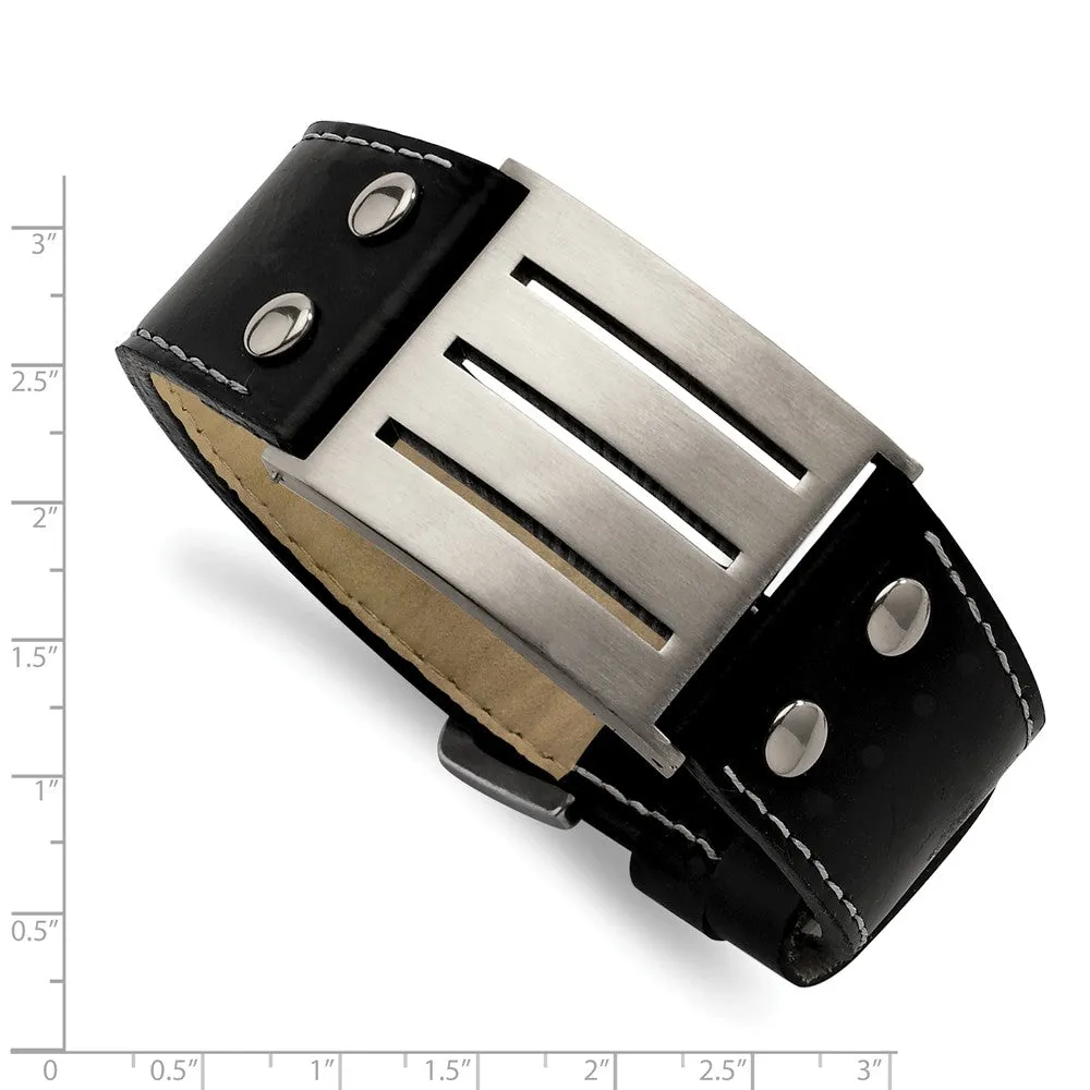 Men's Stainless Steel Black Leather Adj. Buckle Bracelet, 8.75 Inch