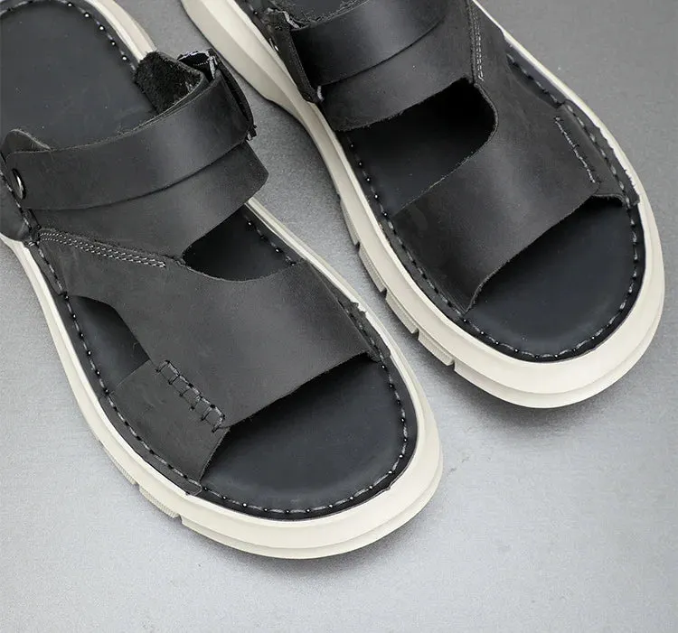 Men's Summer Concise Genuine Leather Breathable Hollow Out Beachwear Sandals