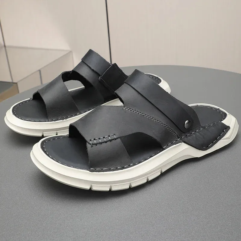 Men's Summer Concise Genuine Leather Breathable Hollow Out Beachwear Sandals