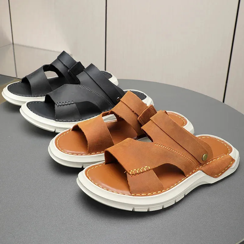 Men's Summer Concise Genuine Leather Breathable Hollow Out Beachwear Sandals