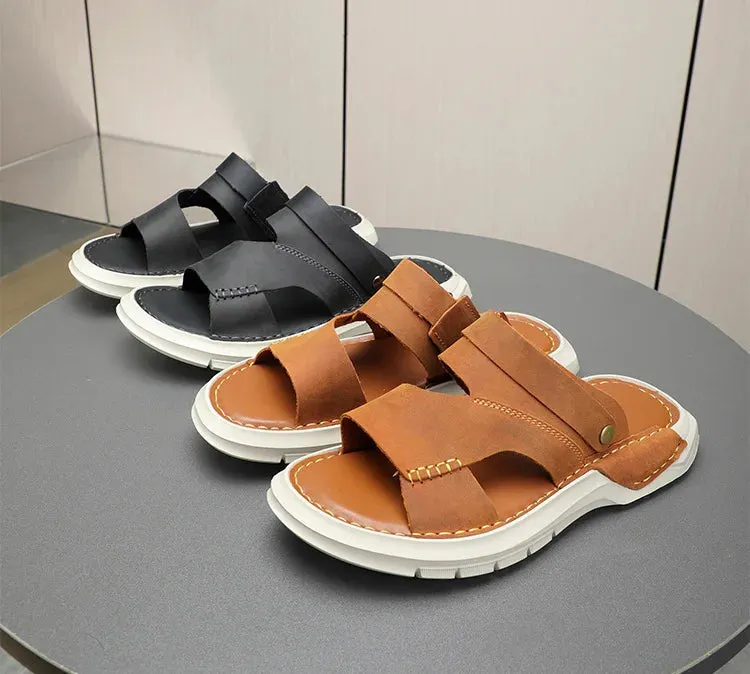 Men's Summer Concise Genuine Leather Breathable Hollow Out Beachwear Sandals