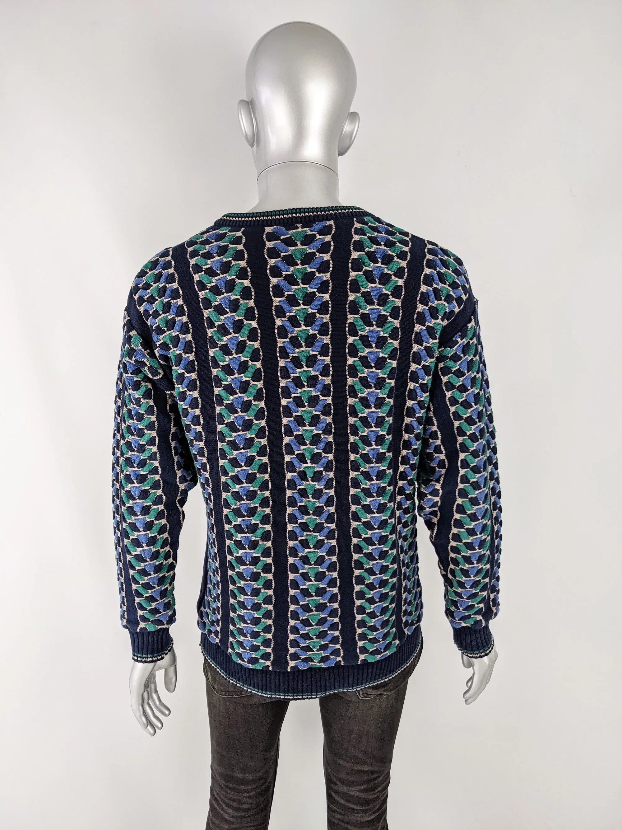 Mens Vintage Blue & Green Bubble Knit Jumper, 1980s