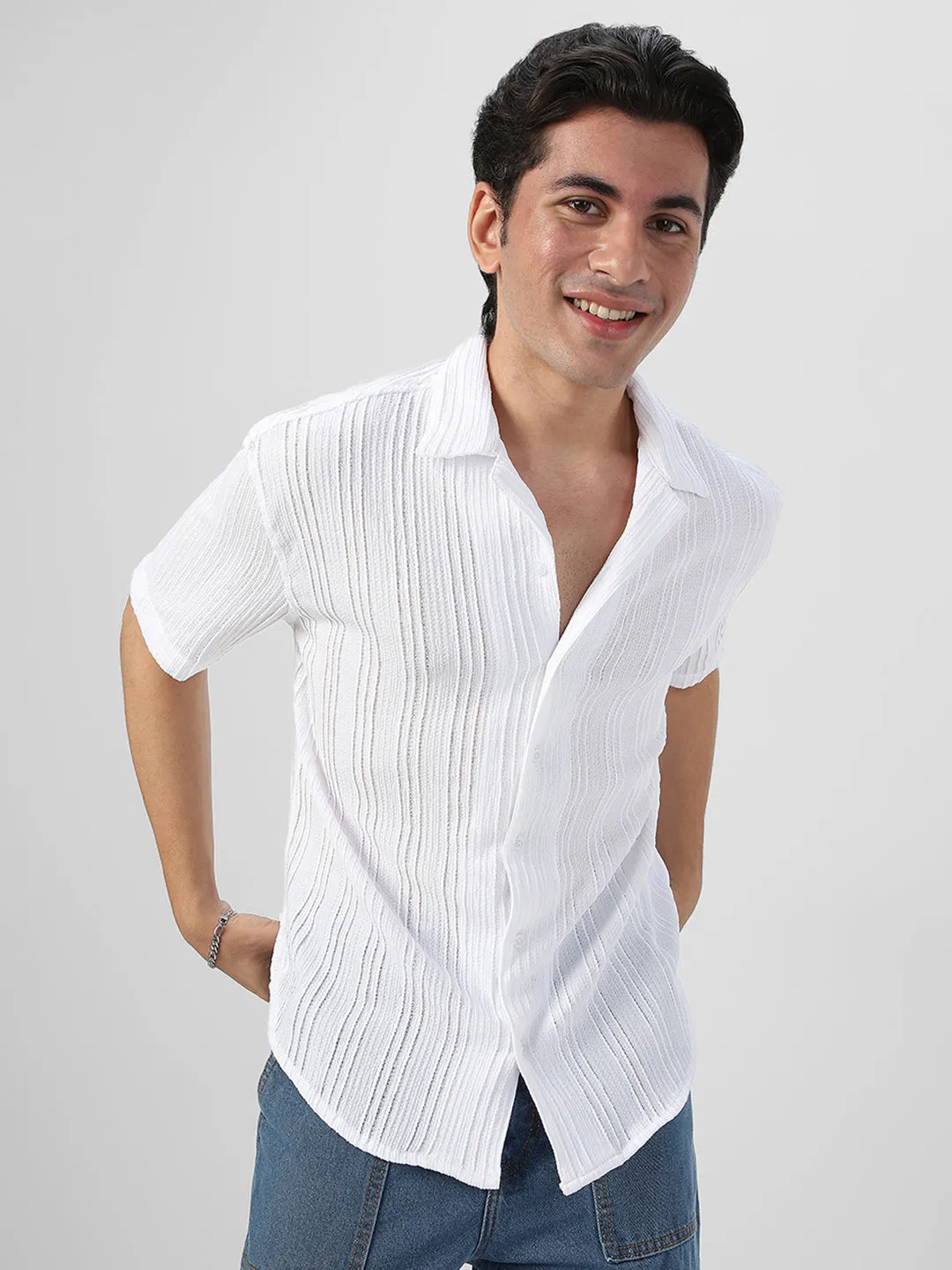 Men's White Cotton Half Sleeve Oversized Fit Textured Shirt with Cuban Collar