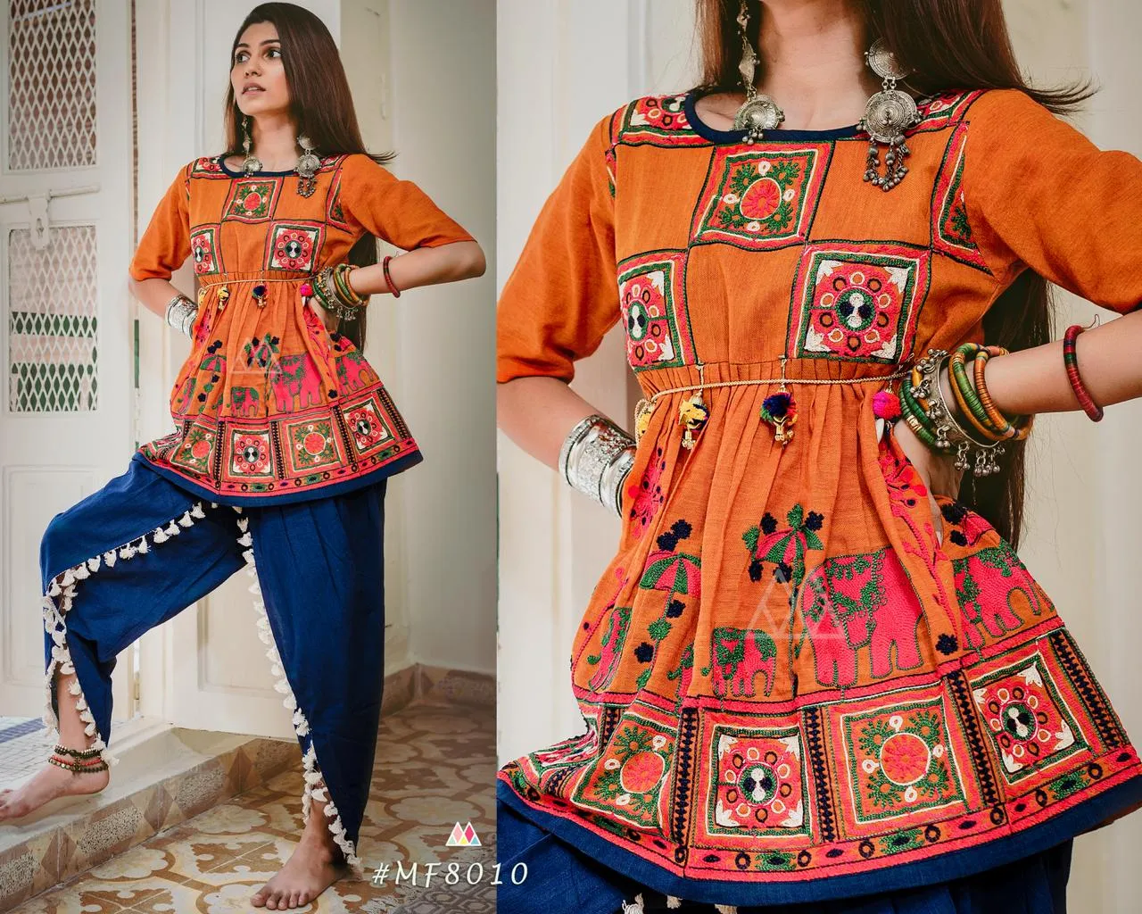 MESMORA KATH PUTALI FEMALE KEDIA COLLECTION COLOURFULMESMORA KATH PUTALI  EMBROIDERY KHADI KURTI WITH PANTS NAVRATRI SPECIAL