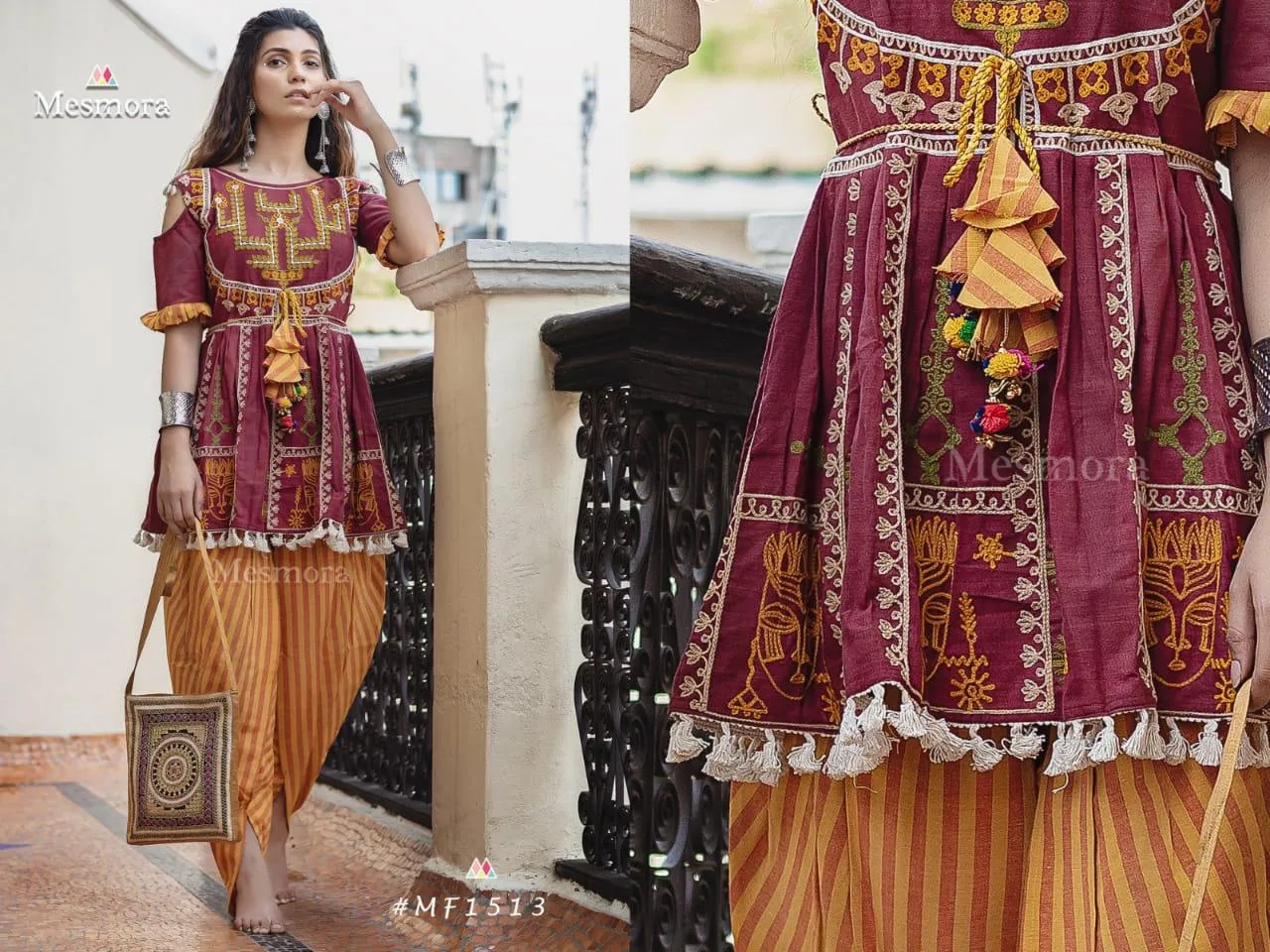 MESMORA KATH PUTALI FEMALE KEDIA COLLECTION COLOURFULMESMORA KATH PUTALI  EMBROIDERY KHADI KURTI WITH PANTS NAVRATRI SPECIAL