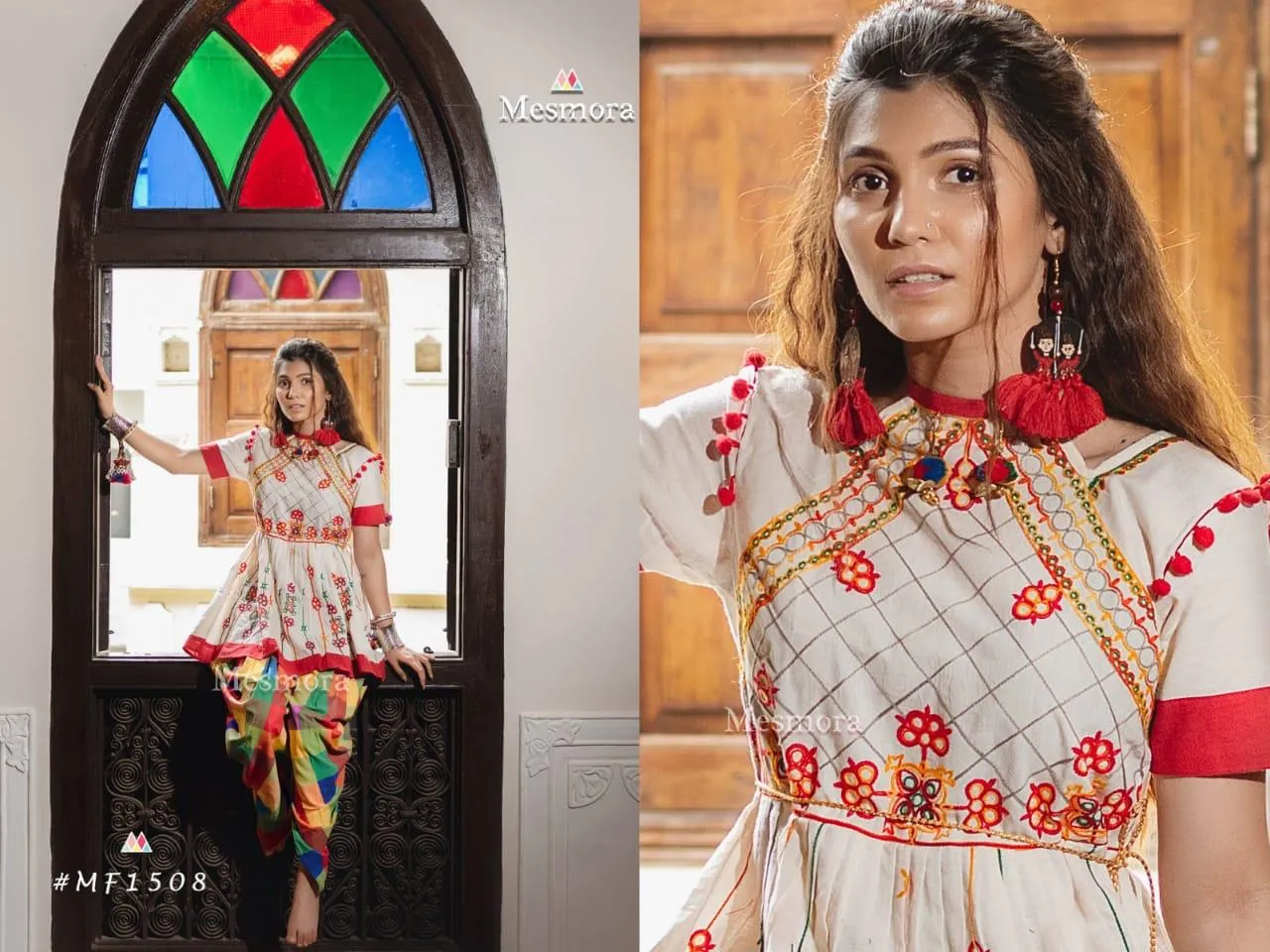 MESMORA KATH PUTALI FEMALE KEDIA COLLECTION COLOURFULMESMORA KATH PUTALI  EMBROIDERY KHADI KURTI WITH PANTS NAVRATRI SPECIAL