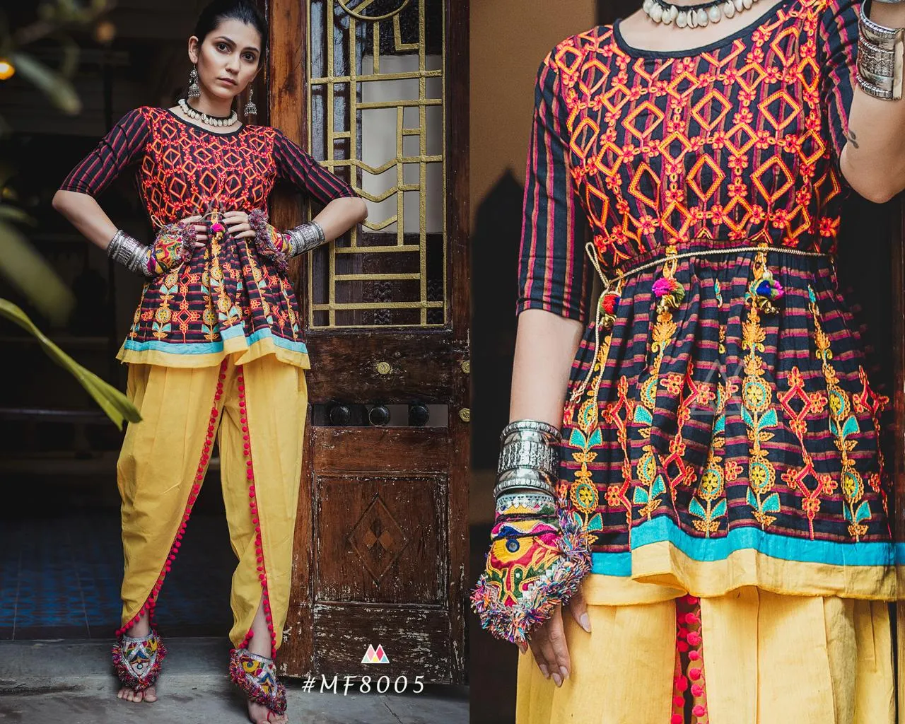 MESMORA KATH PUTALI FEMALE KEDIA COLLECTION COLOURFULMESMORA KATH PUTALI  EMBROIDERY KHADI KURTI WITH PANTS NAVRATRI SPECIAL