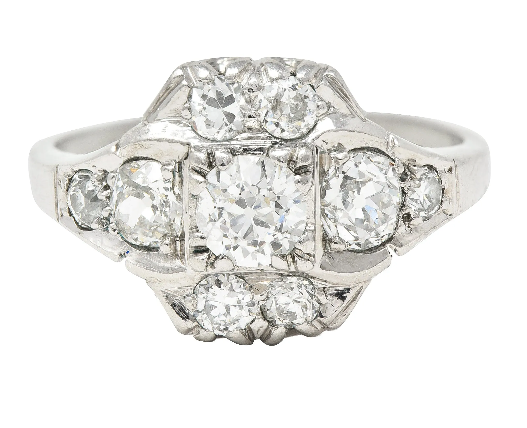 Mid-Century 1.11 CTW Old European Cut Diamond Platinum Quatrefoil Vintage Cluster Dinner Ring