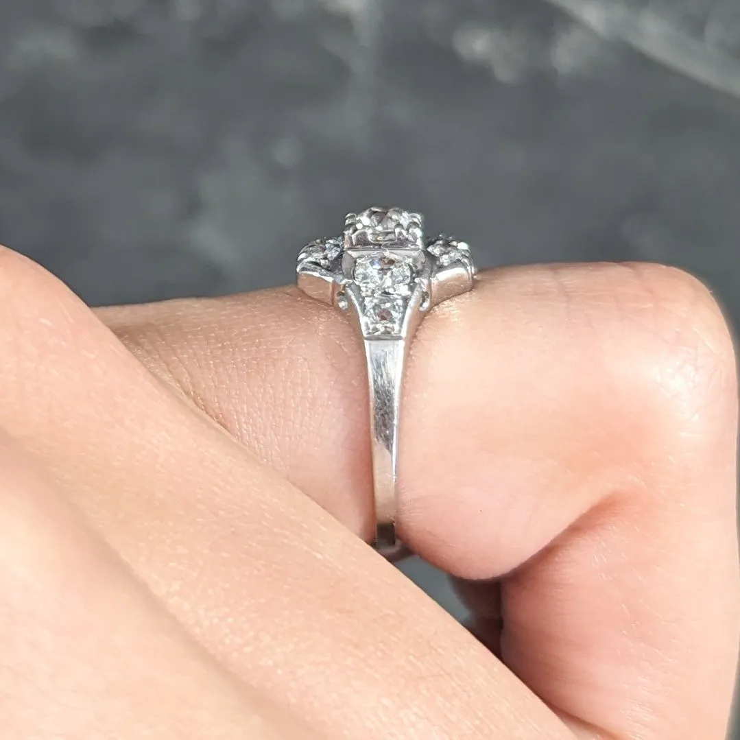 Mid-Century 1.11 CTW Old European Cut Diamond Platinum Quatrefoil Vintage Cluster Dinner Ring