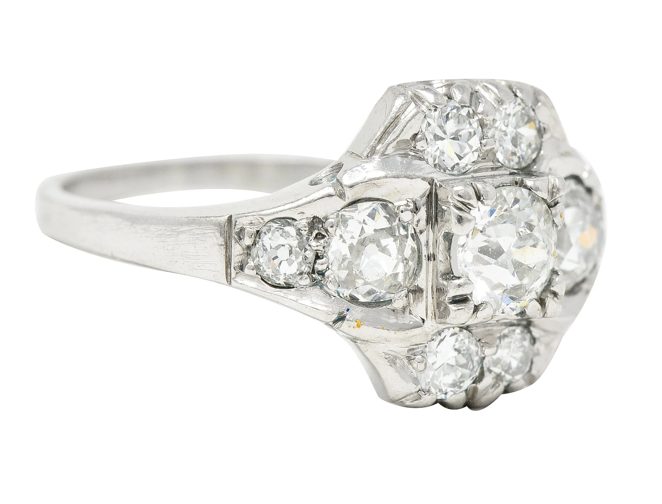 Mid-Century 1.11 CTW Old European Cut Diamond Platinum Quatrefoil Vintage Cluster Dinner Ring