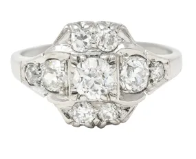 Mid-Century 1.11 CTW Old European Cut Diamond Platinum Quatrefoil Vintage Cluster Dinner Ring