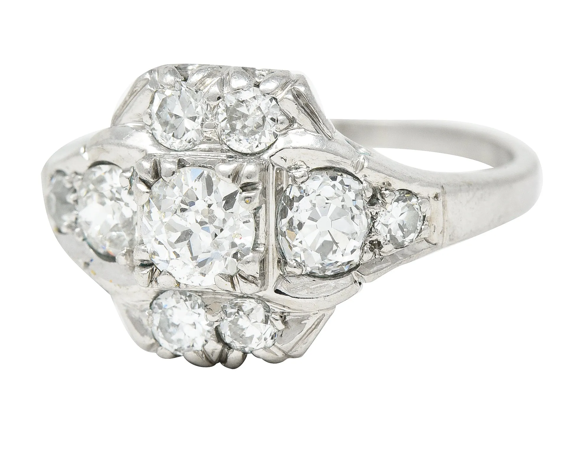 Mid-Century 1.11 CTW Old European Cut Diamond Platinum Quatrefoil Vintage Cluster Dinner Ring