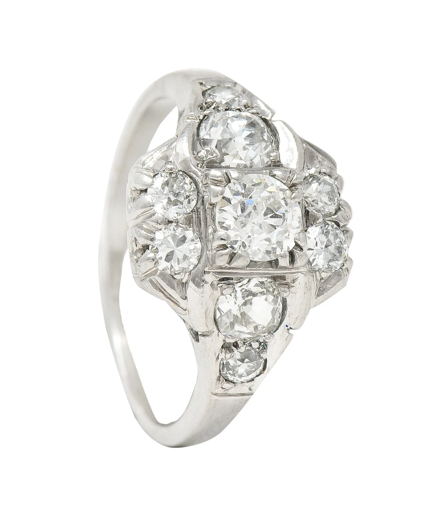 Mid-Century 1.11 CTW Old European Cut Diamond Platinum Quatrefoil Vintage Cluster Dinner Ring