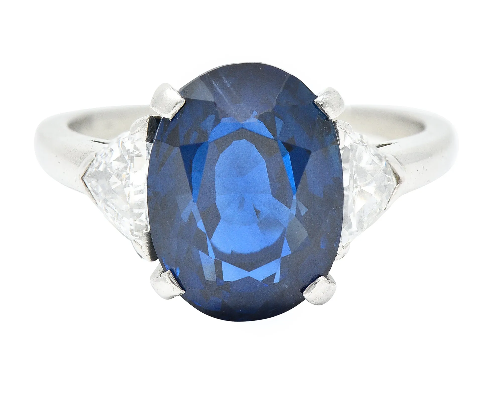 Mid-Century 7.13 CTW Oval Cut No-Heat Thai Sapphire Trillion Cut Diamond Platinum Vintage Three Stone Ring GIA