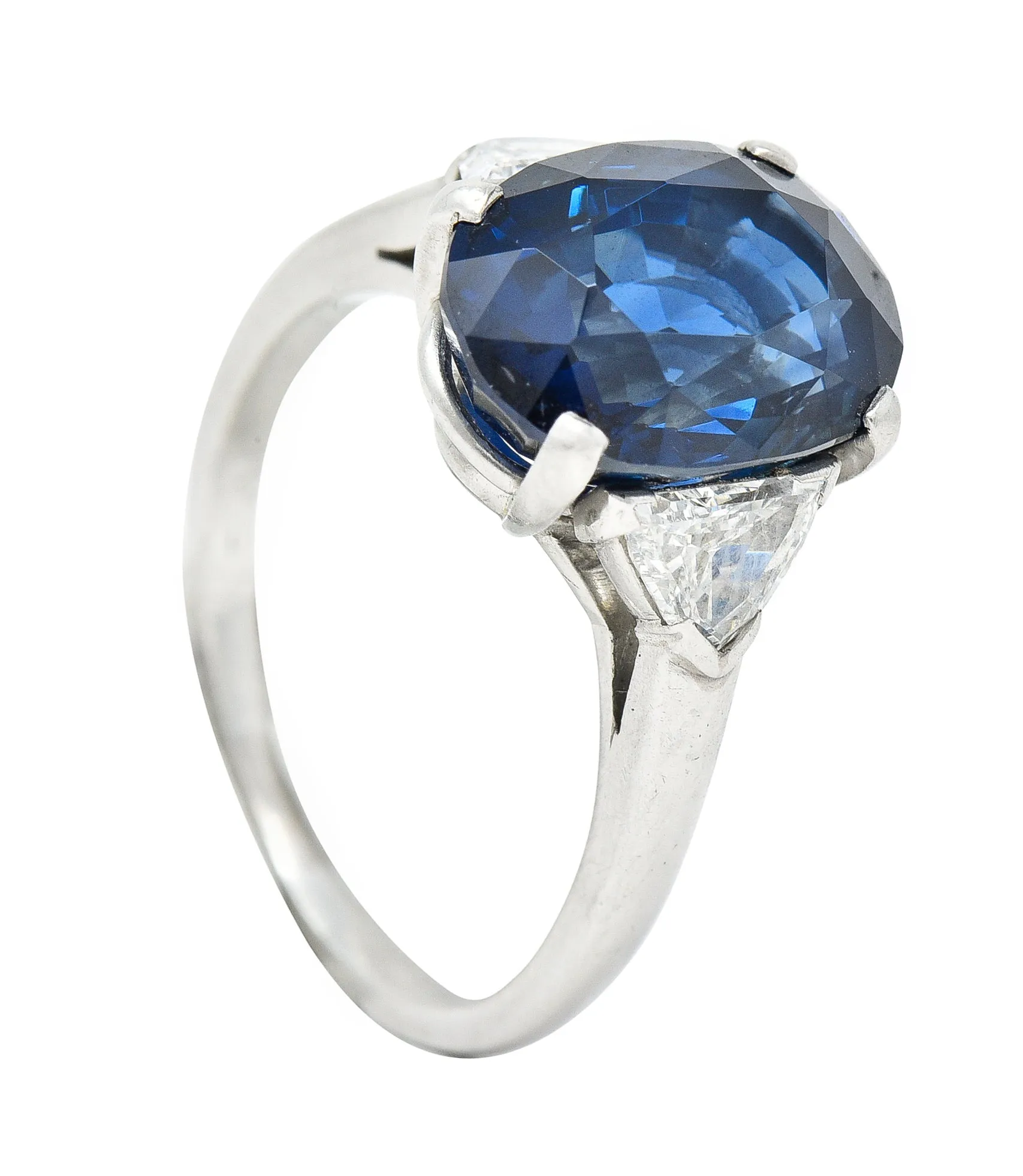 Mid-Century 7.13 CTW Oval Cut No-Heat Thai Sapphire Trillion Cut Diamond Platinum Vintage Three Stone Ring GIA