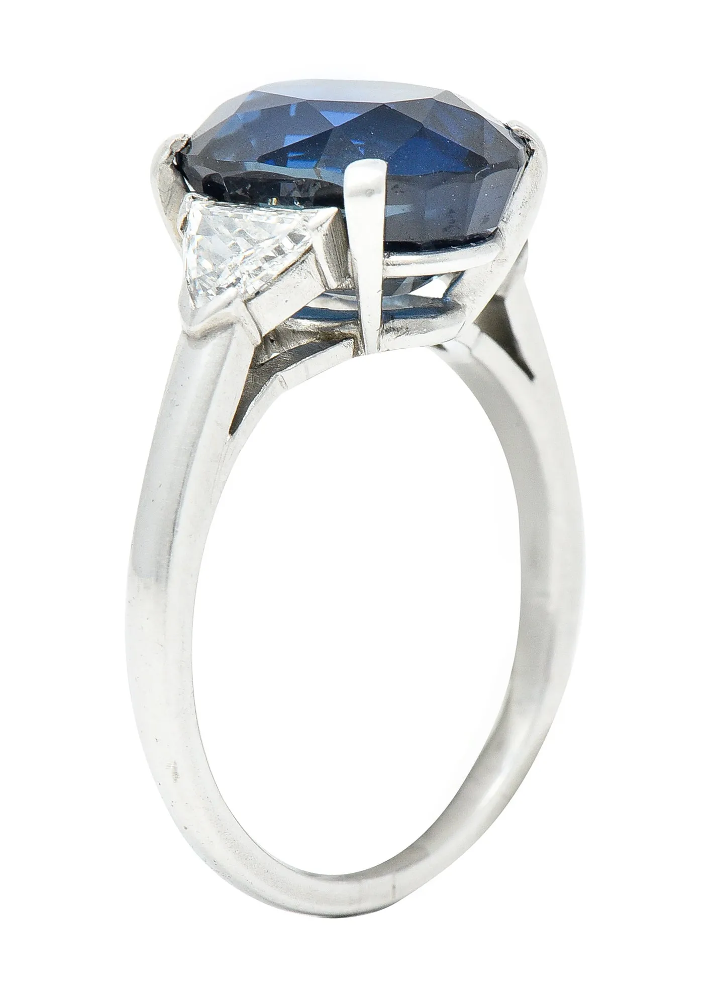 Mid-Century 7.13 CTW Oval Cut No-Heat Thai Sapphire Trillion Cut Diamond Platinum Vintage Three Stone Ring GIA