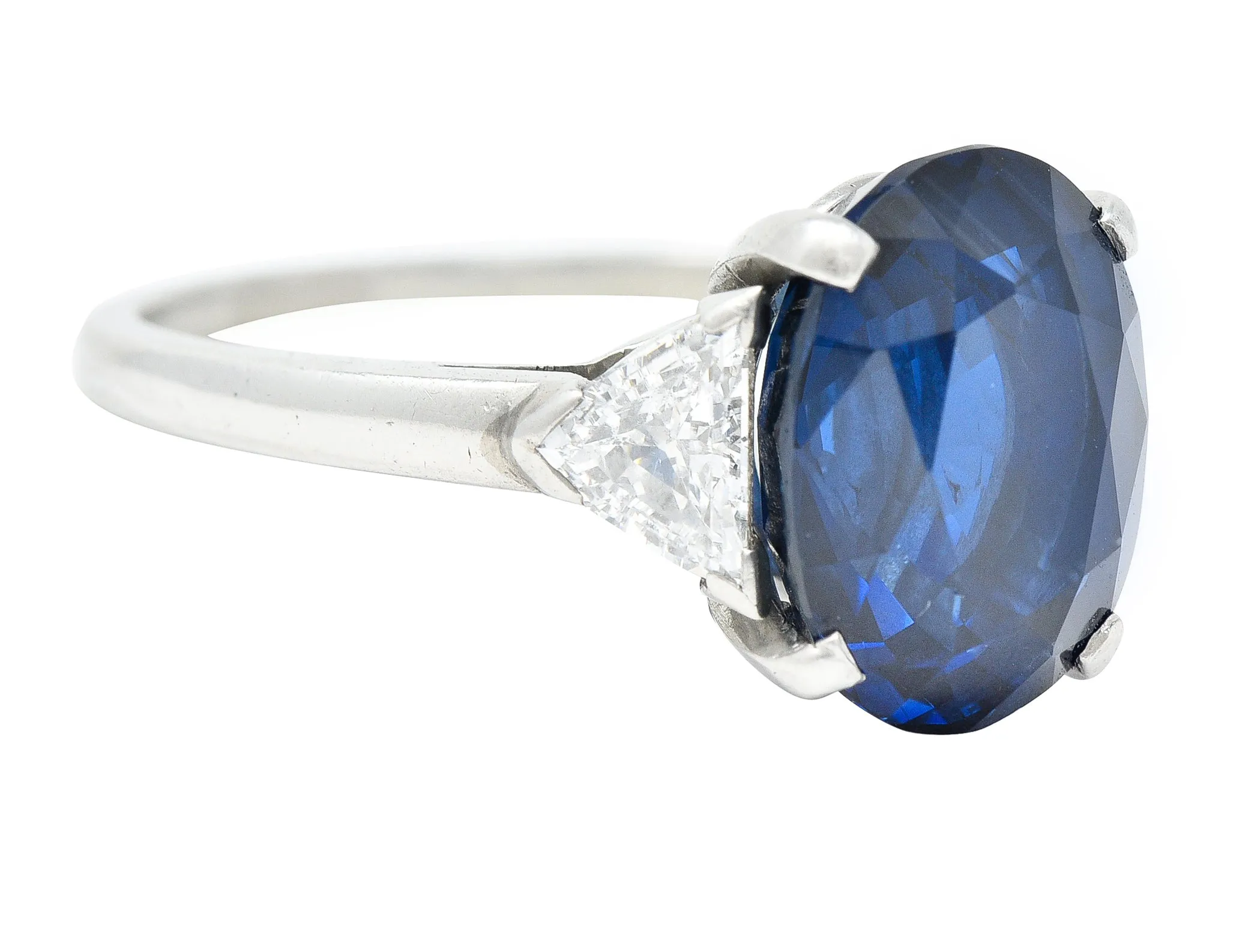 Mid-Century 7.13 CTW Oval Cut No-Heat Thai Sapphire Trillion Cut Diamond Platinum Vintage Three Stone Ring GIA