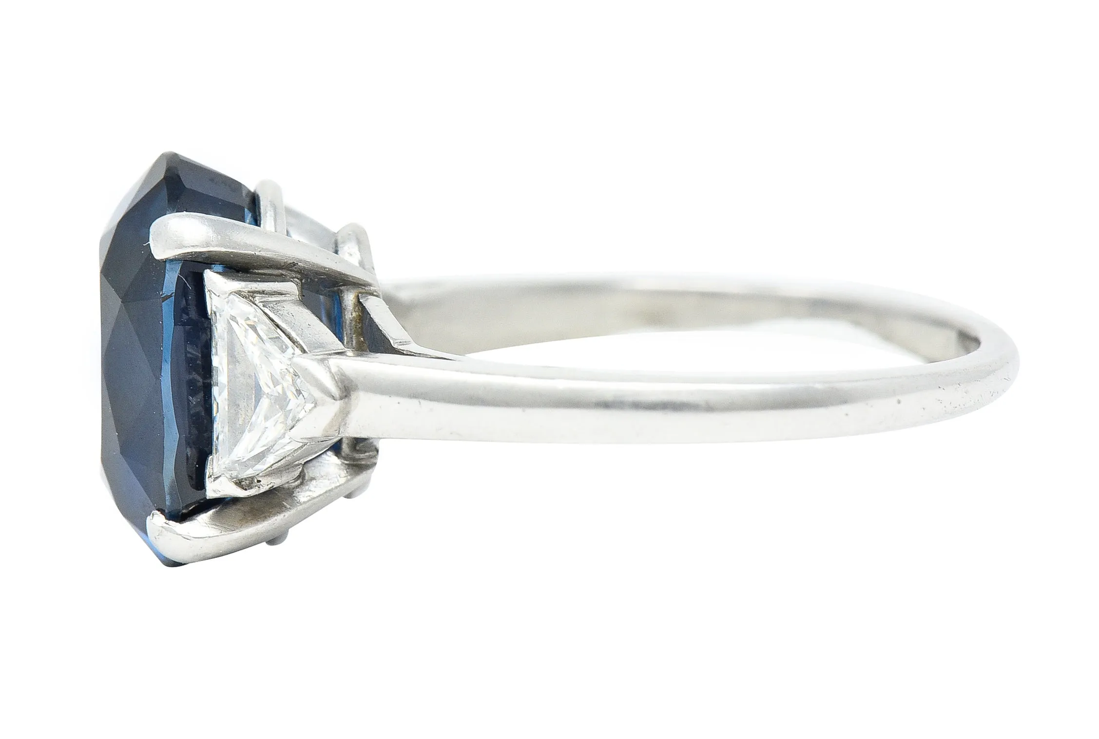 Mid-Century 7.13 CTW Oval Cut No-Heat Thai Sapphire Trillion Cut Diamond Platinum Vintage Three Stone Ring GIA