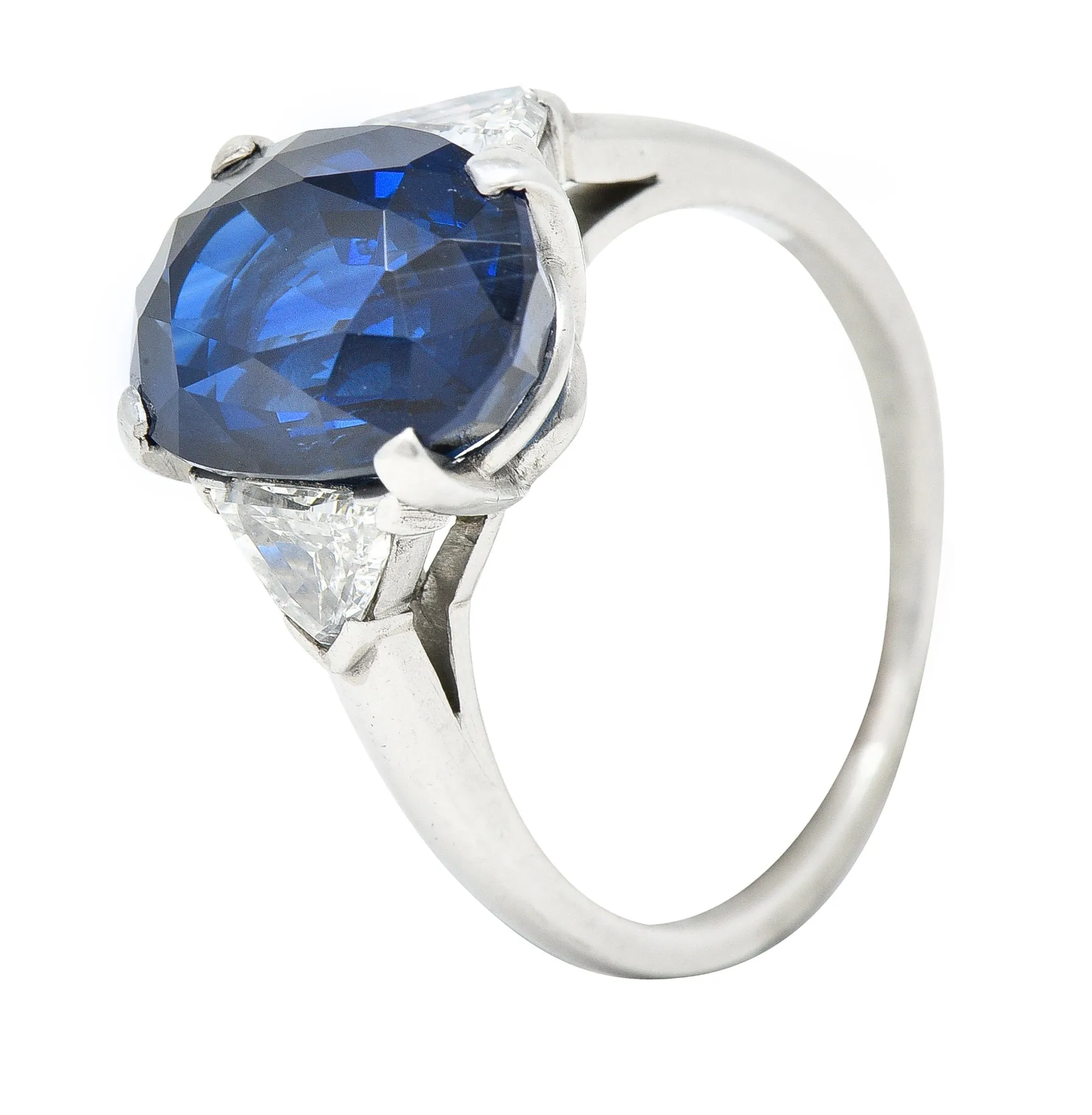 Mid-Century 7.13 CTW Oval Cut No-Heat Thai Sapphire Trillion Cut Diamond Platinum Vintage Three Stone Ring GIA