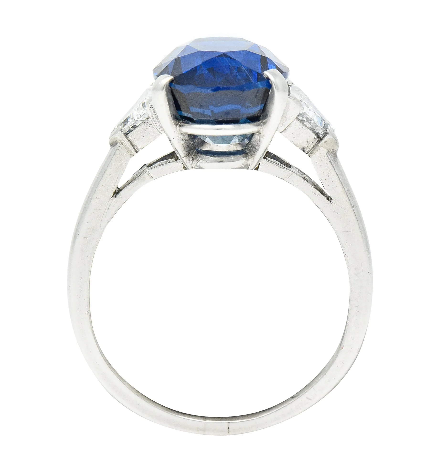 Mid-Century 7.13 CTW Oval Cut No-Heat Thai Sapphire Trillion Cut Diamond Platinum Vintage Three Stone Ring GIA