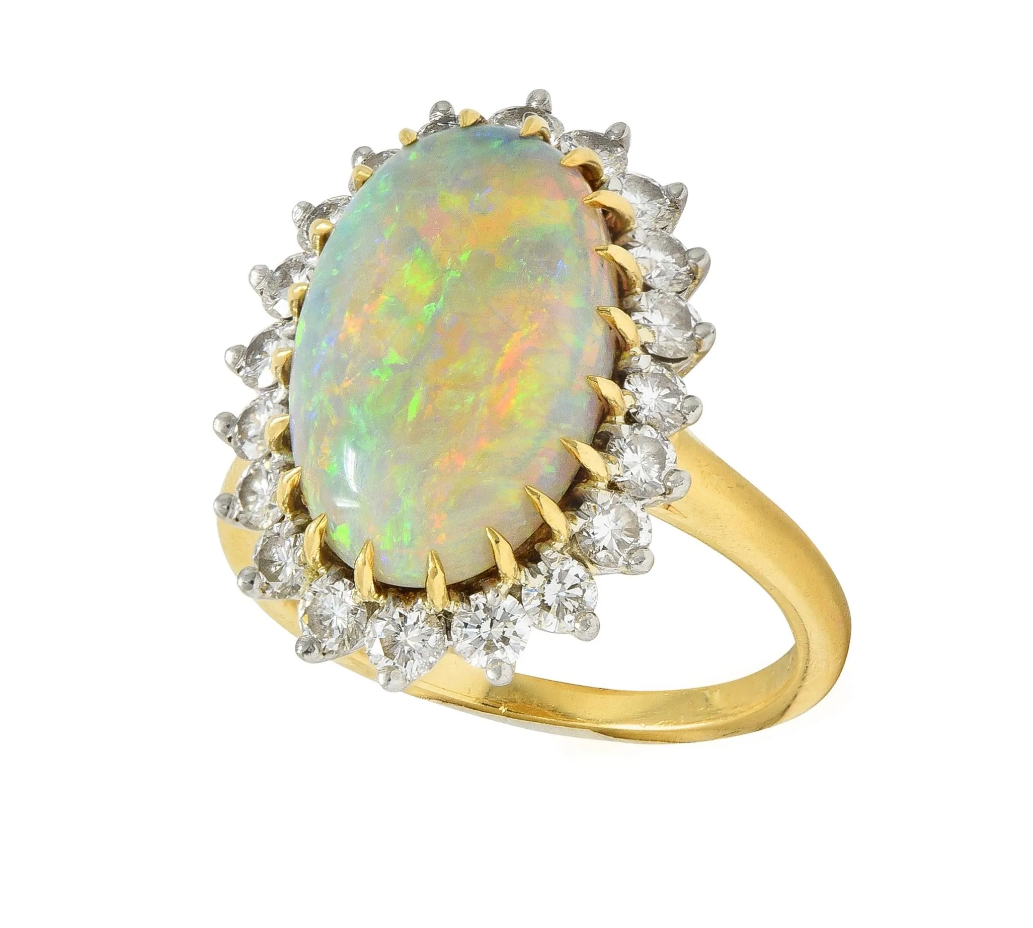 Mid-Century Vintage Opal Diamond Platinum 18 Karat Yellow Gold Halo Ring