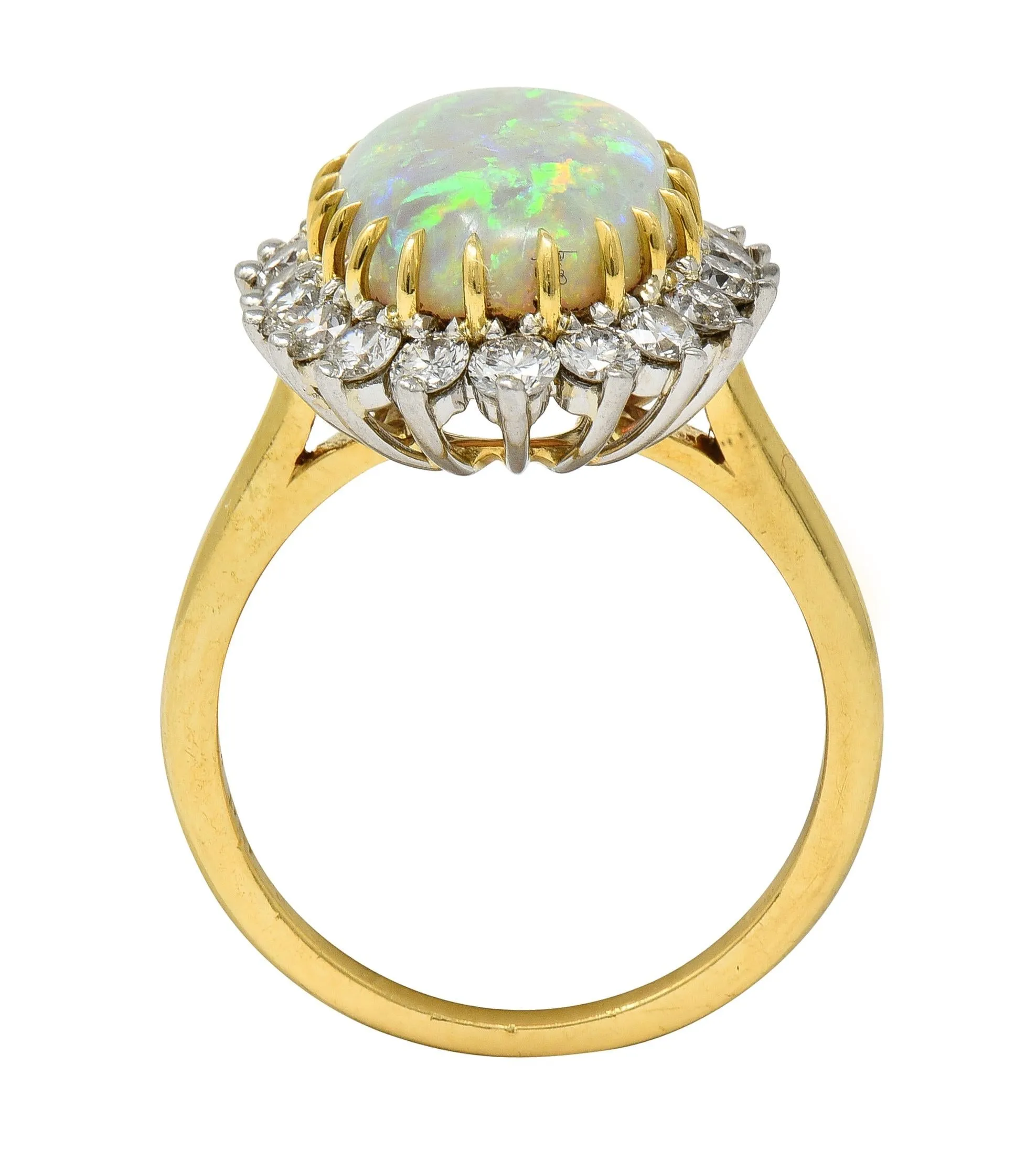 Mid-Century Vintage Opal Diamond Platinum 18 Karat Yellow Gold Halo Ring