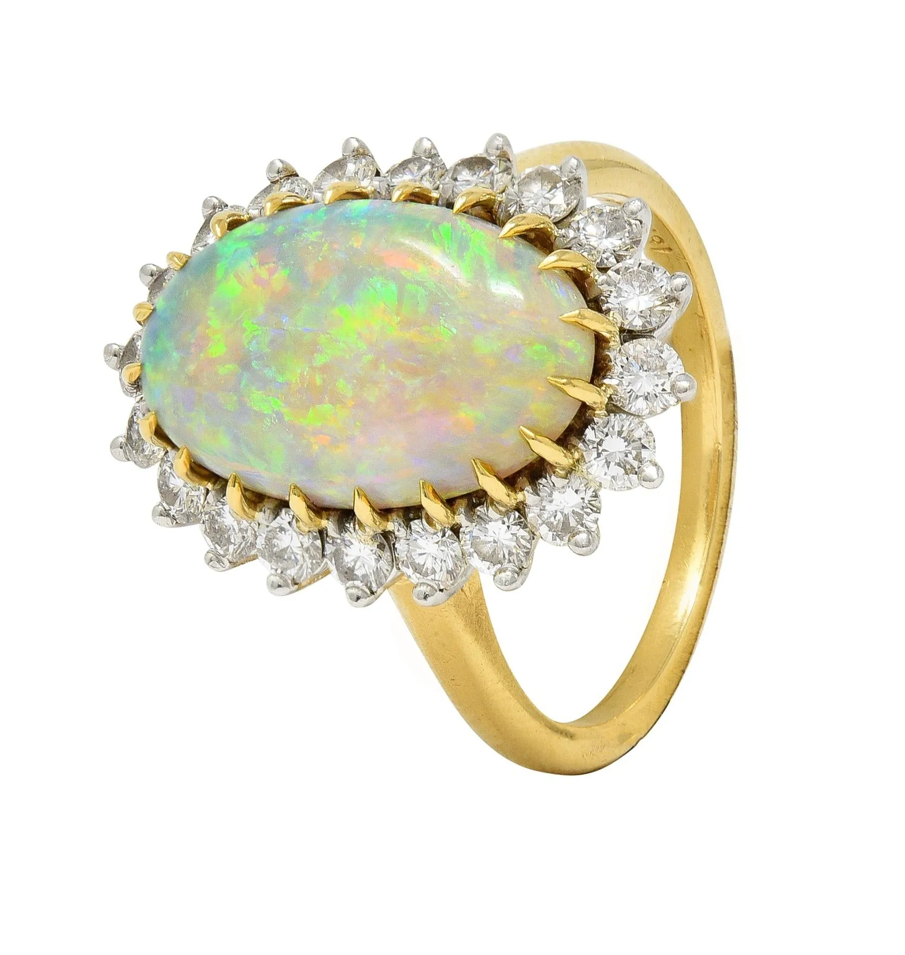 Mid-Century Vintage Opal Diamond Platinum 18 Karat Yellow Gold Halo Ring