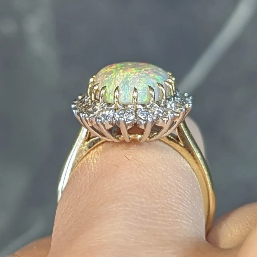 Mid-Century Vintage Opal Diamond Platinum 18 Karat Yellow Gold Halo Ring