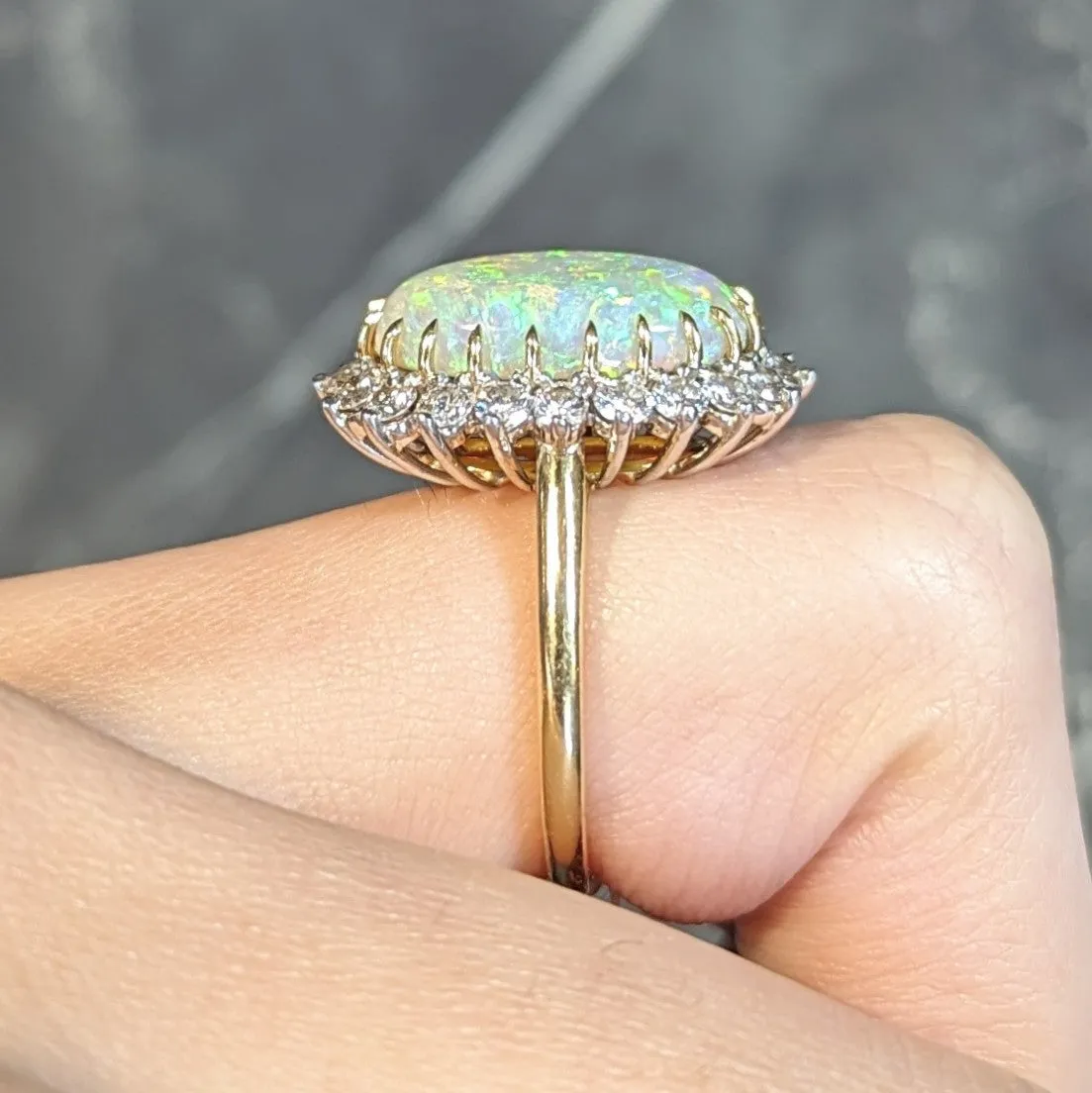 Mid-Century Vintage Opal Diamond Platinum 18 Karat Yellow Gold Halo Ring