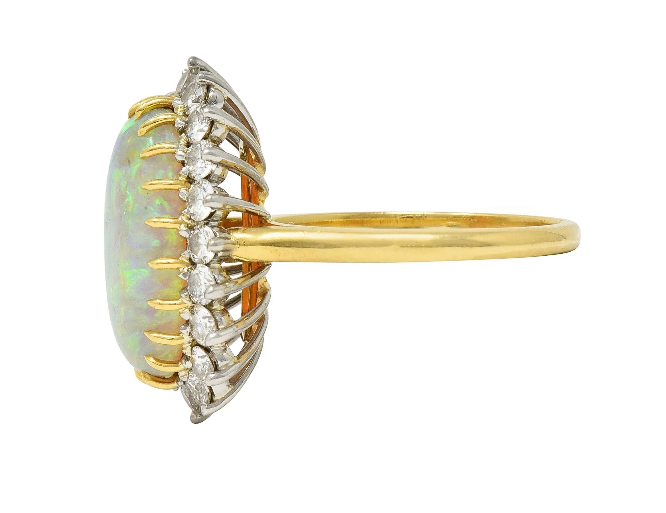 Mid-Century Vintage Opal Diamond Platinum 18 Karat Yellow Gold Halo Ring