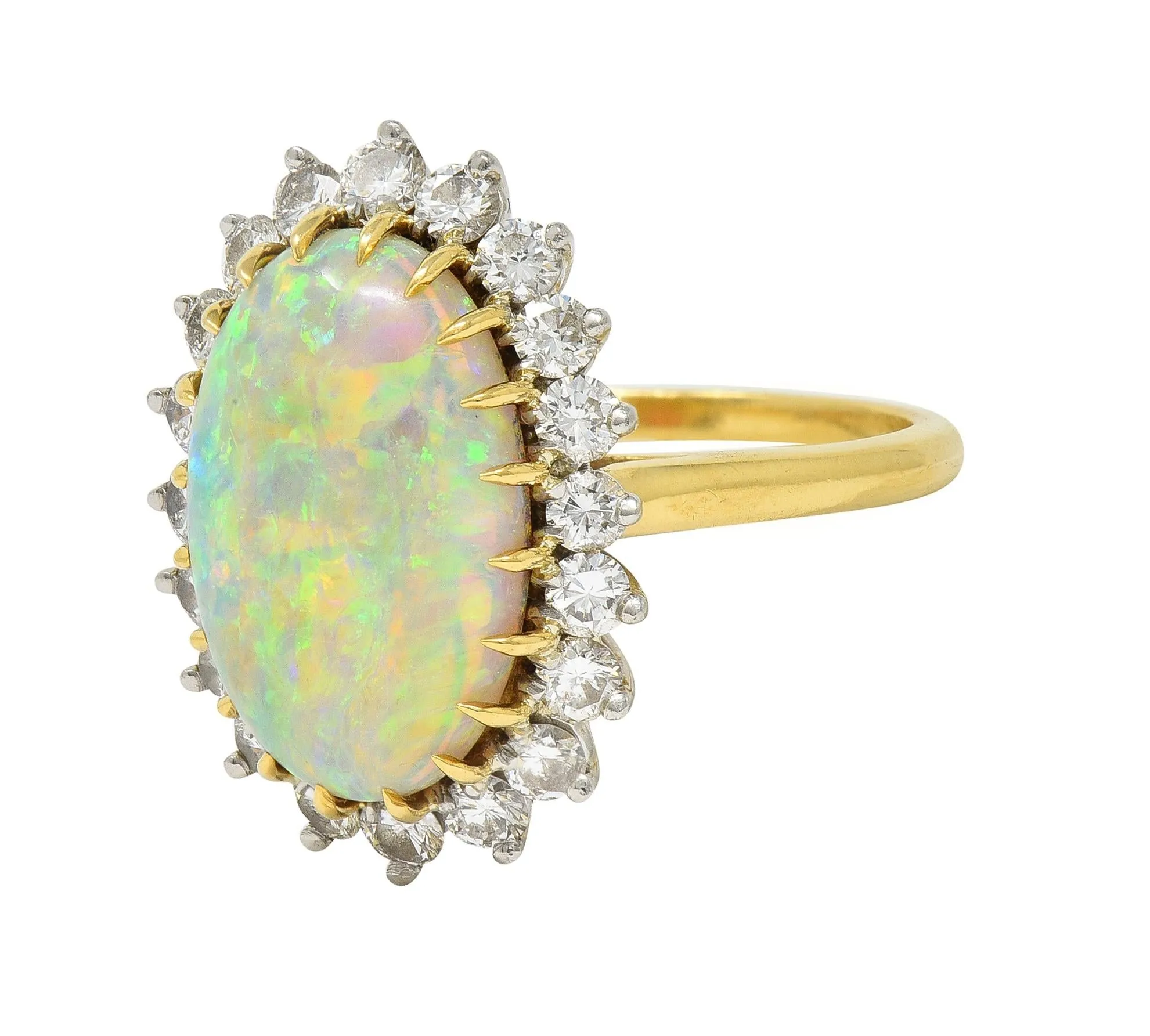 Mid-Century Vintage Opal Diamond Platinum 18 Karat Yellow Gold Halo Ring