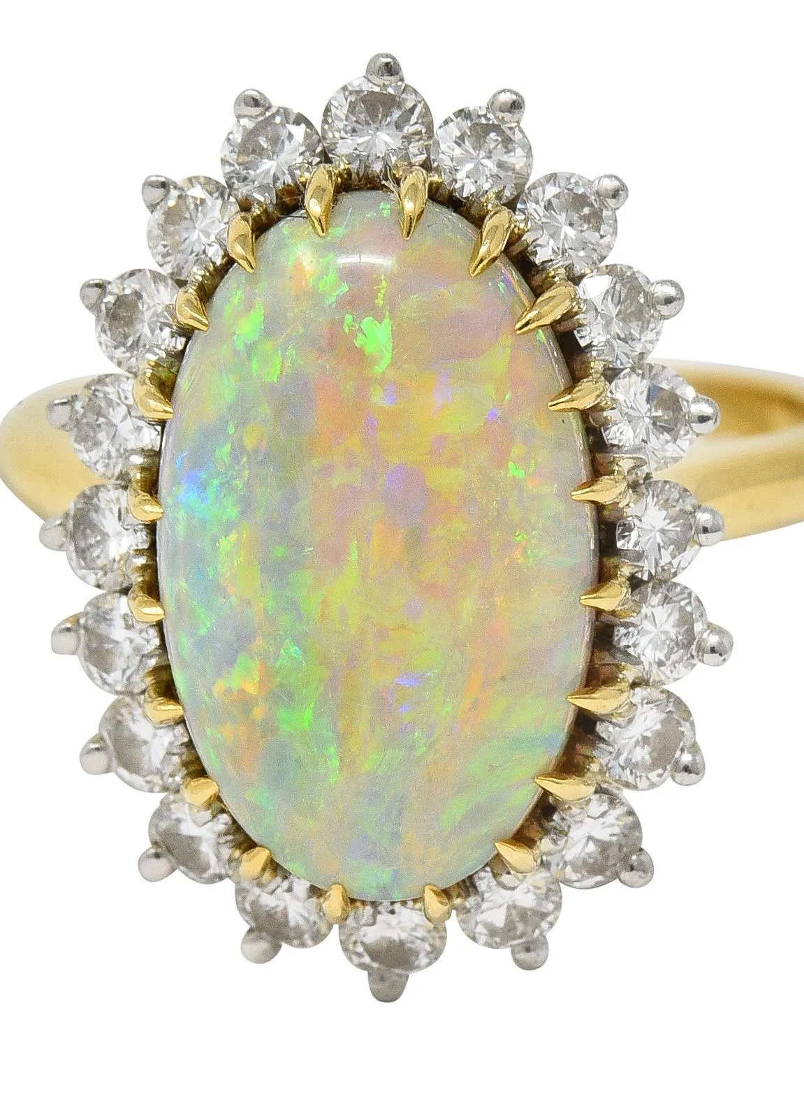 Mid-Century Vintage Opal Diamond Platinum 18 Karat Yellow Gold Halo Ring