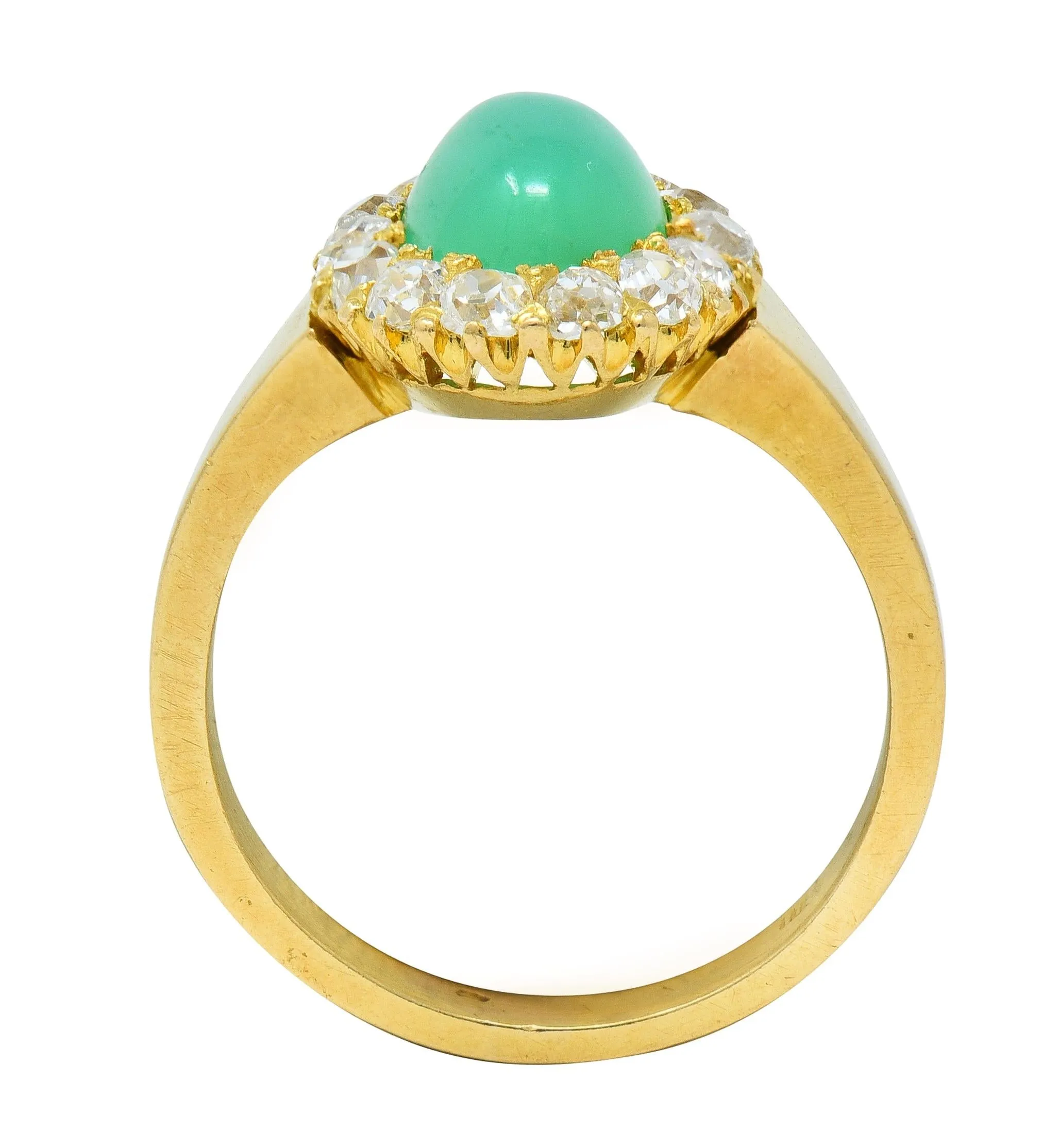 Modernist Chrysoprase Diamond 18 Karat Yellow Gold Vintage Halo Ring