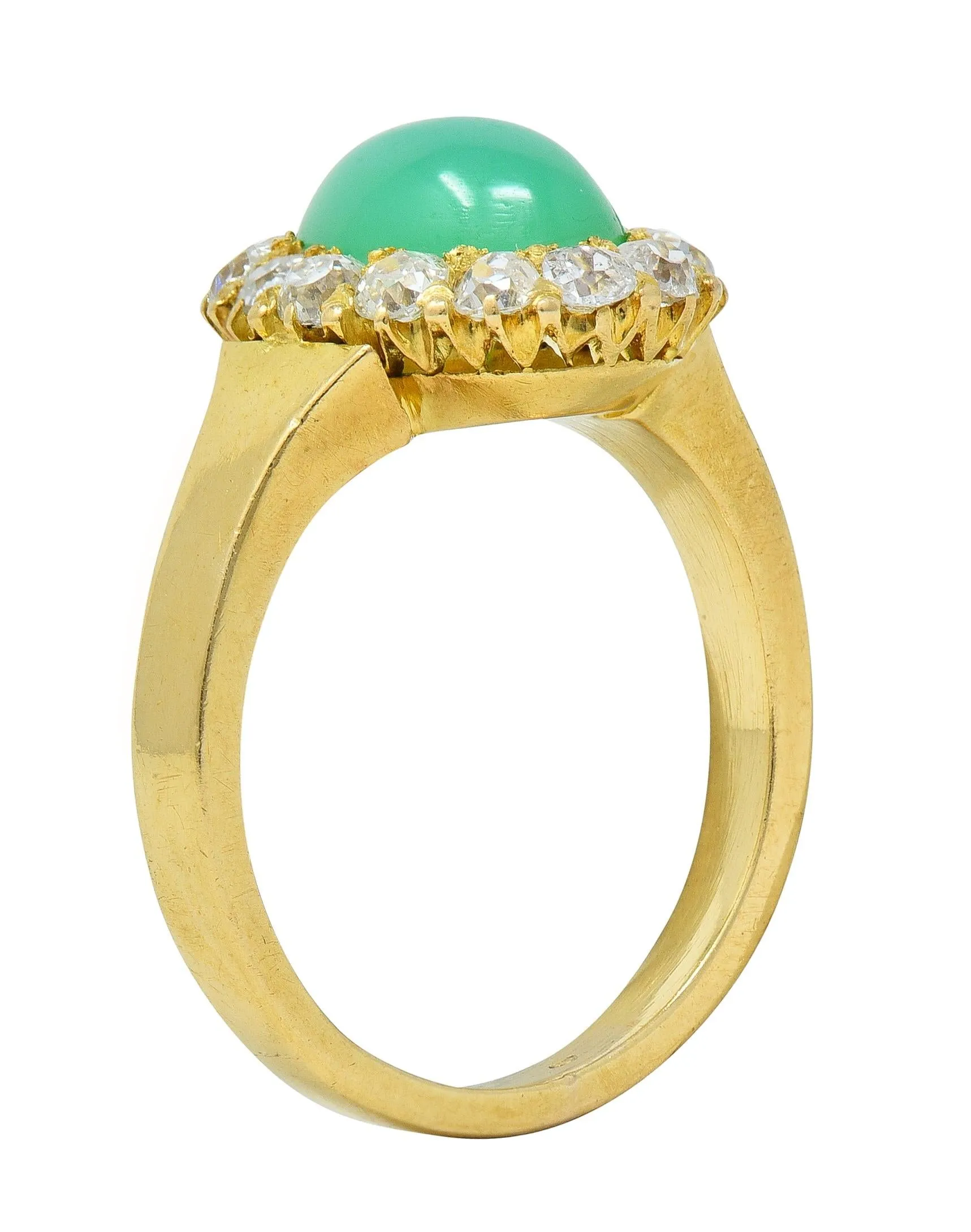 Modernist Chrysoprase Diamond 18 Karat Yellow Gold Vintage Halo Ring