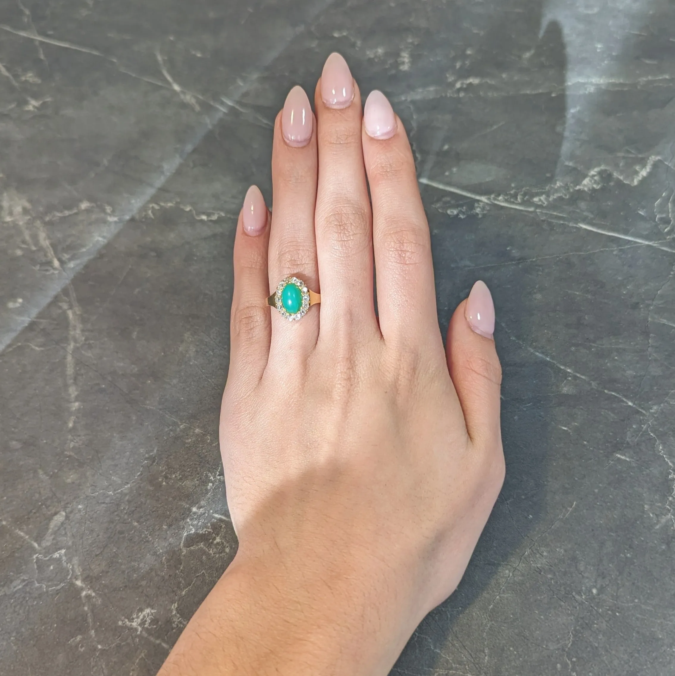 Modernist Chrysoprase Diamond 18 Karat Yellow Gold Vintage Halo Ring