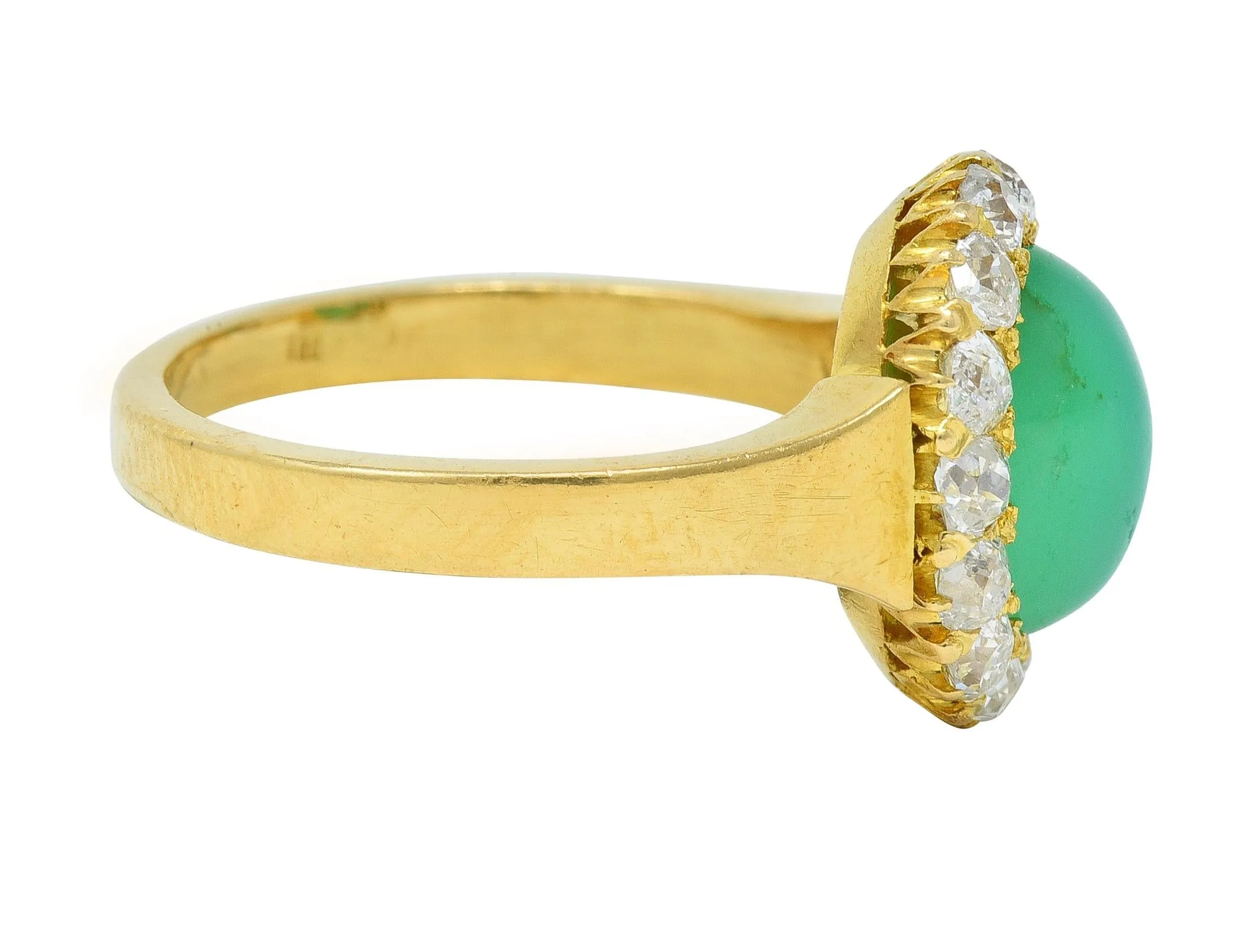 Modernist Chrysoprase Diamond 18 Karat Yellow Gold Vintage Halo Ring