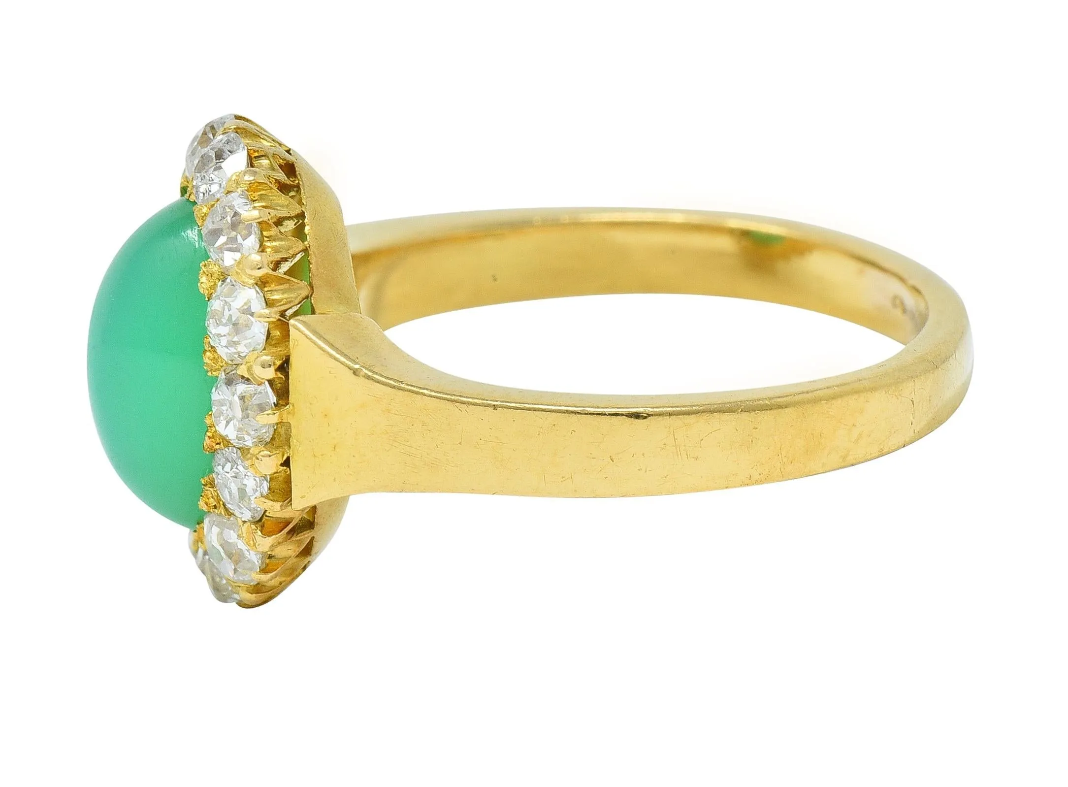 Modernist Chrysoprase Diamond 18 Karat Yellow Gold Vintage Halo Ring