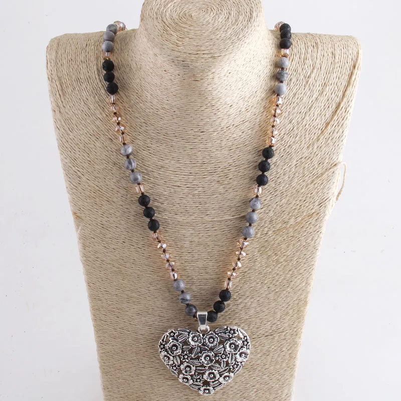 Natural Stone Lava Rock Crystal Scalloped Heart Pendant Long Necklace