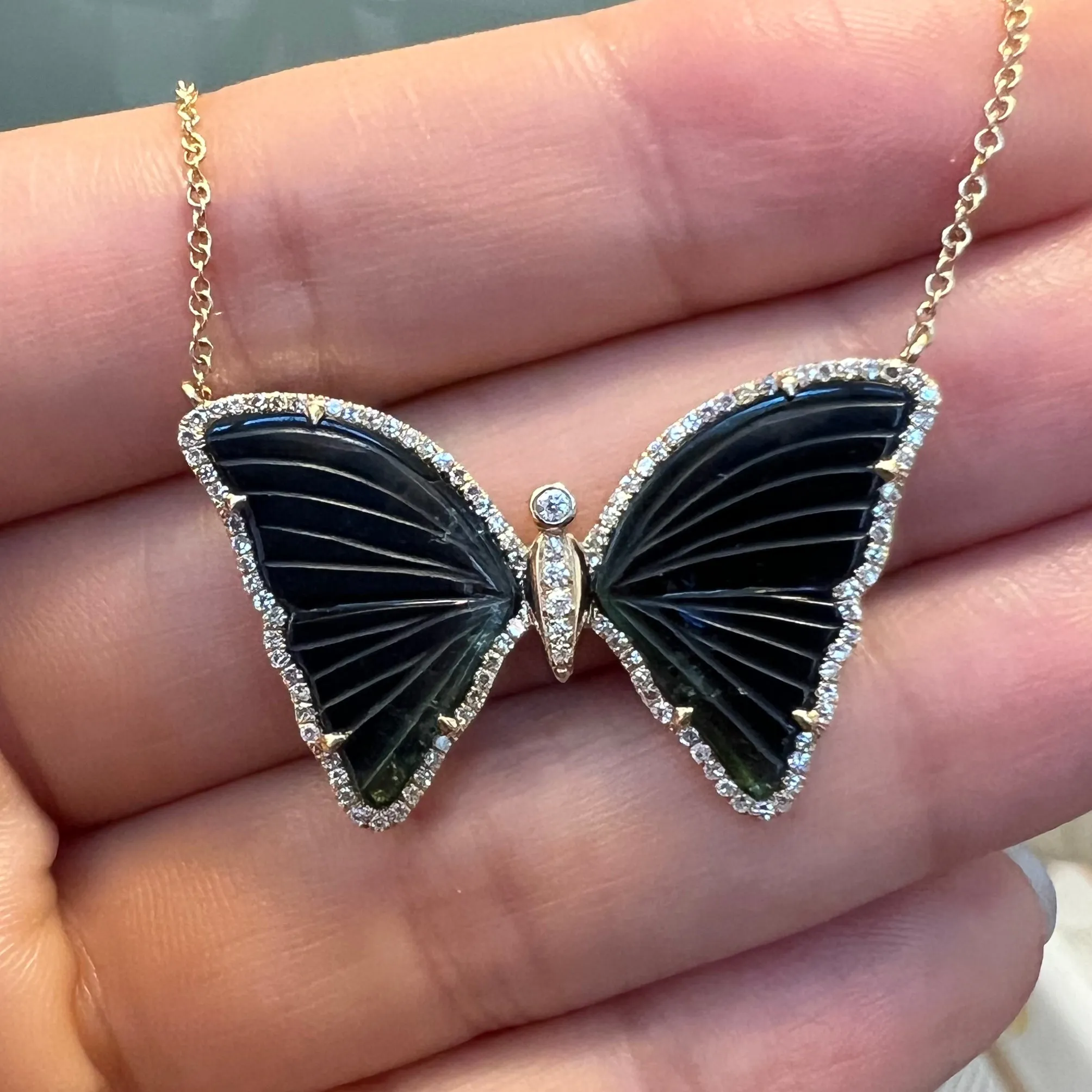 Navy Blue and Deep Green Tourmaline Butterfly Necklace with Diamonds