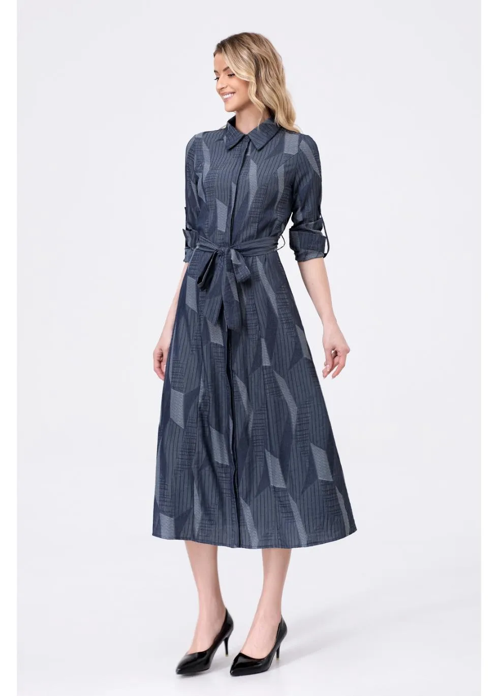 Navy Geometric Belted Dress