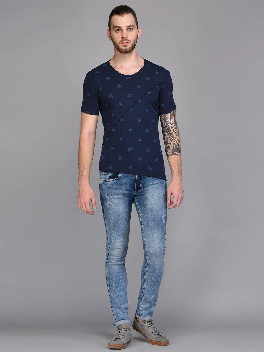 Navy Printed T-shirt with Piping Detail