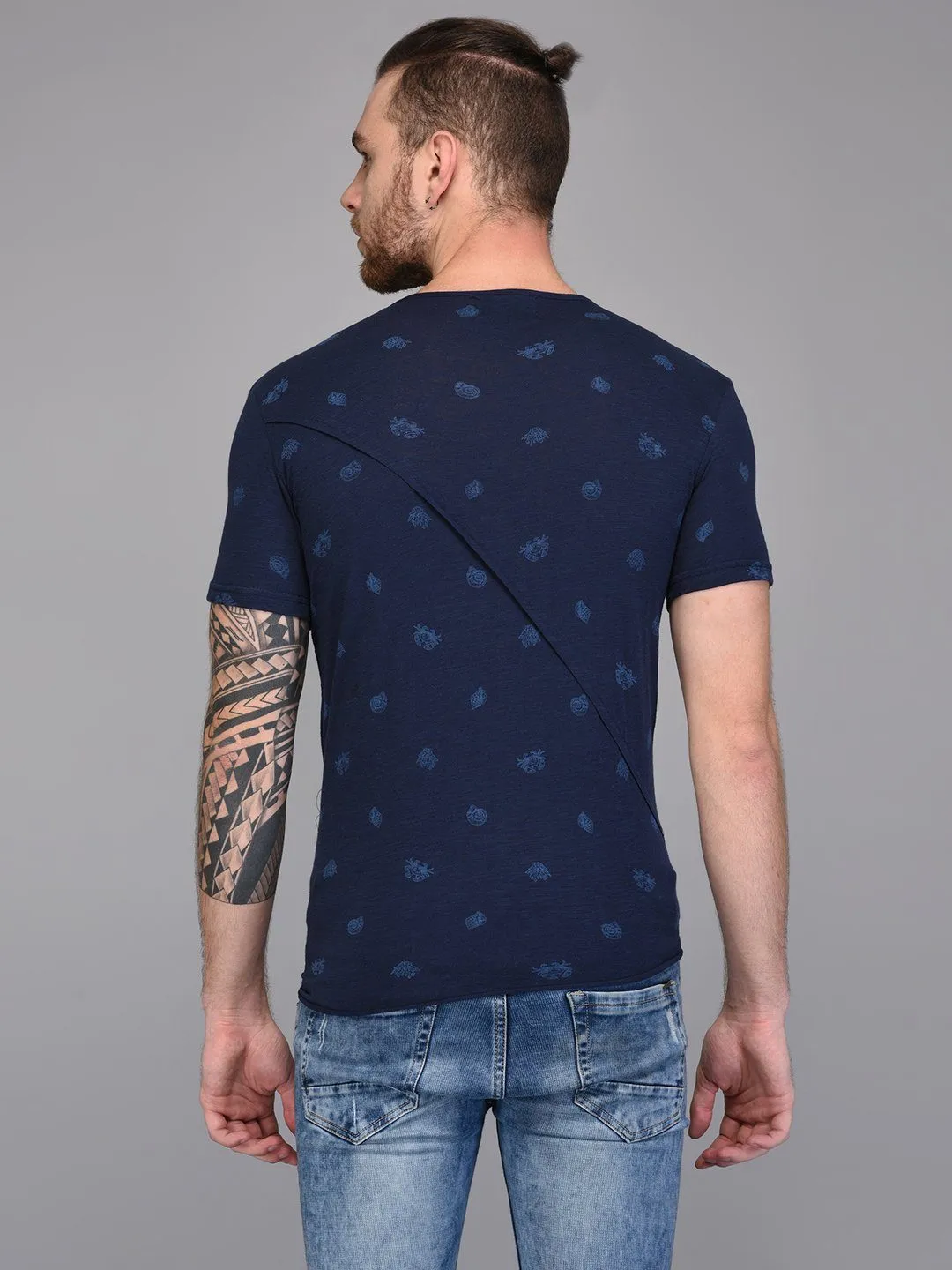 Navy Printed T-shirt with Piping Detail