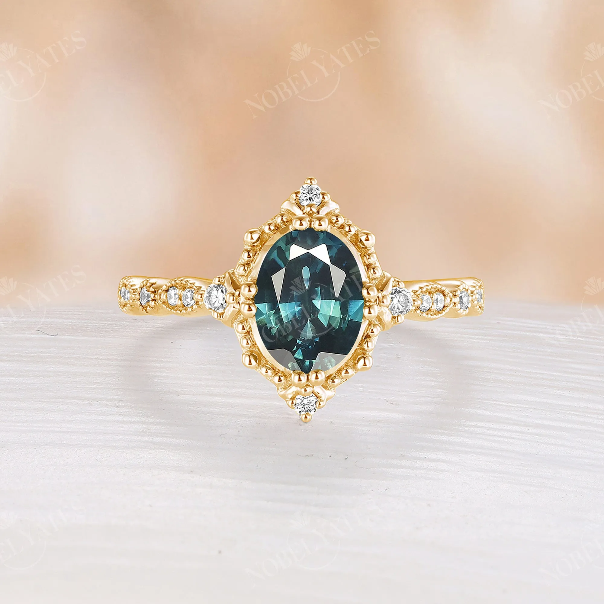 Oval Teal Sapphire Yellow Gold Engagement Ring Unique Vintage Band