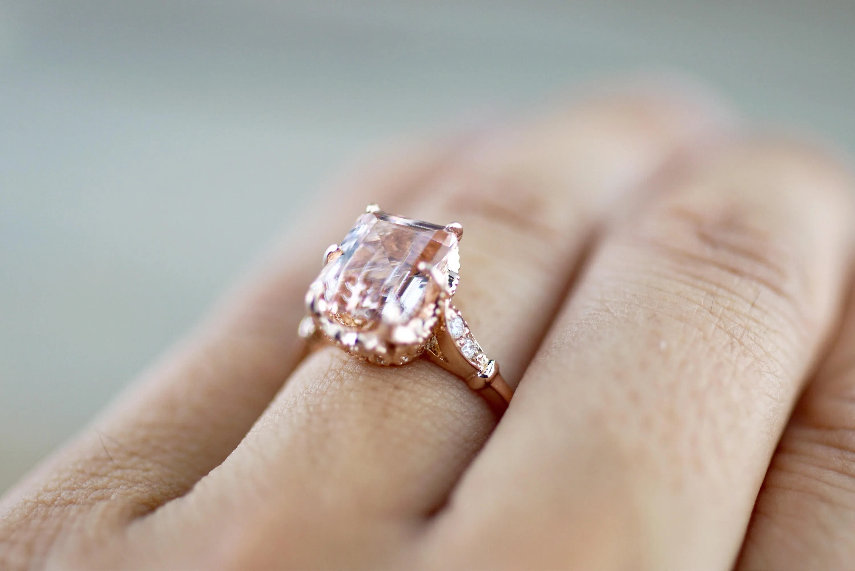 Payment Plan Emerald Cut Morganite Diamond Vintage Engagement Ring 10x8