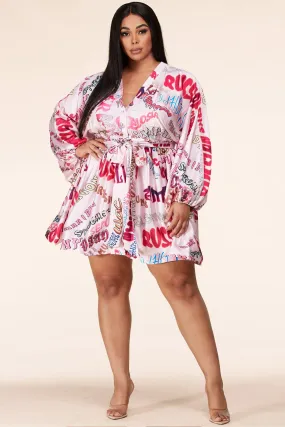 Plus-Size Pink Pop Long Sleeve Graphic Print Mini Dress