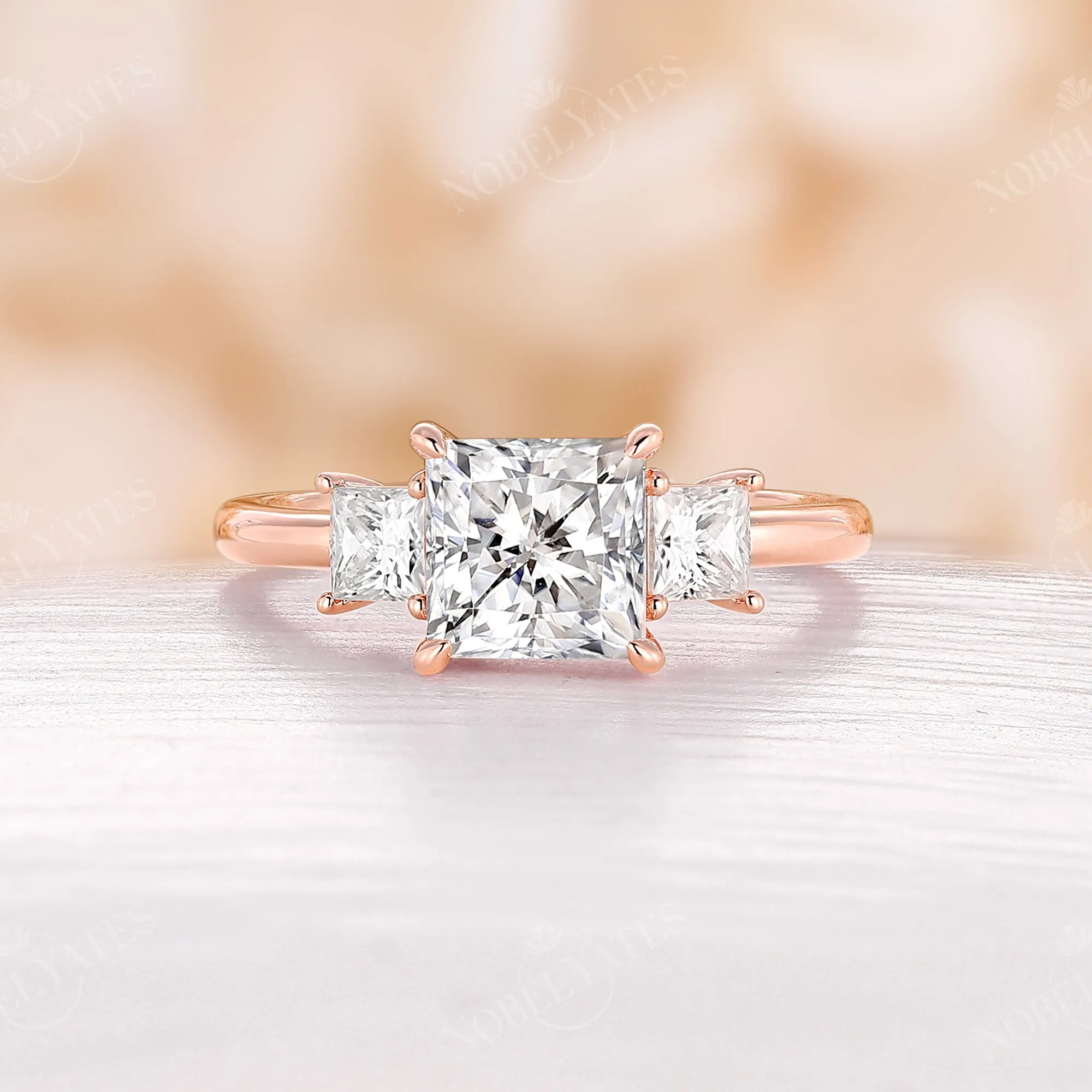 Princess Three Stones Moissanite Rose Gold Engagement Ring Classic